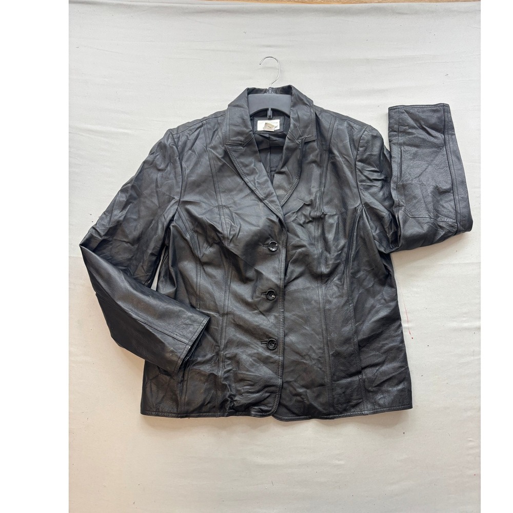 East 5th Womens Black Genuine Leather Blazer Jacket Size XL 3 Button Classic